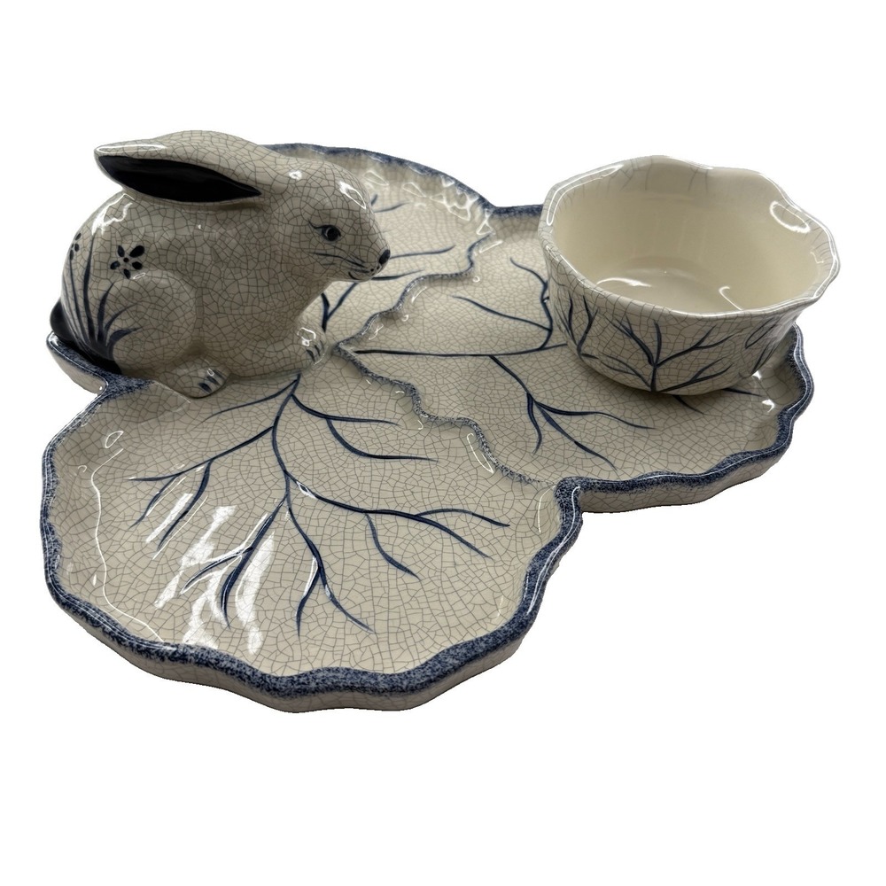 Dedham Pottery Rabbit Chip & Dip Set The Potting Shed Blue White Crackle Glaze